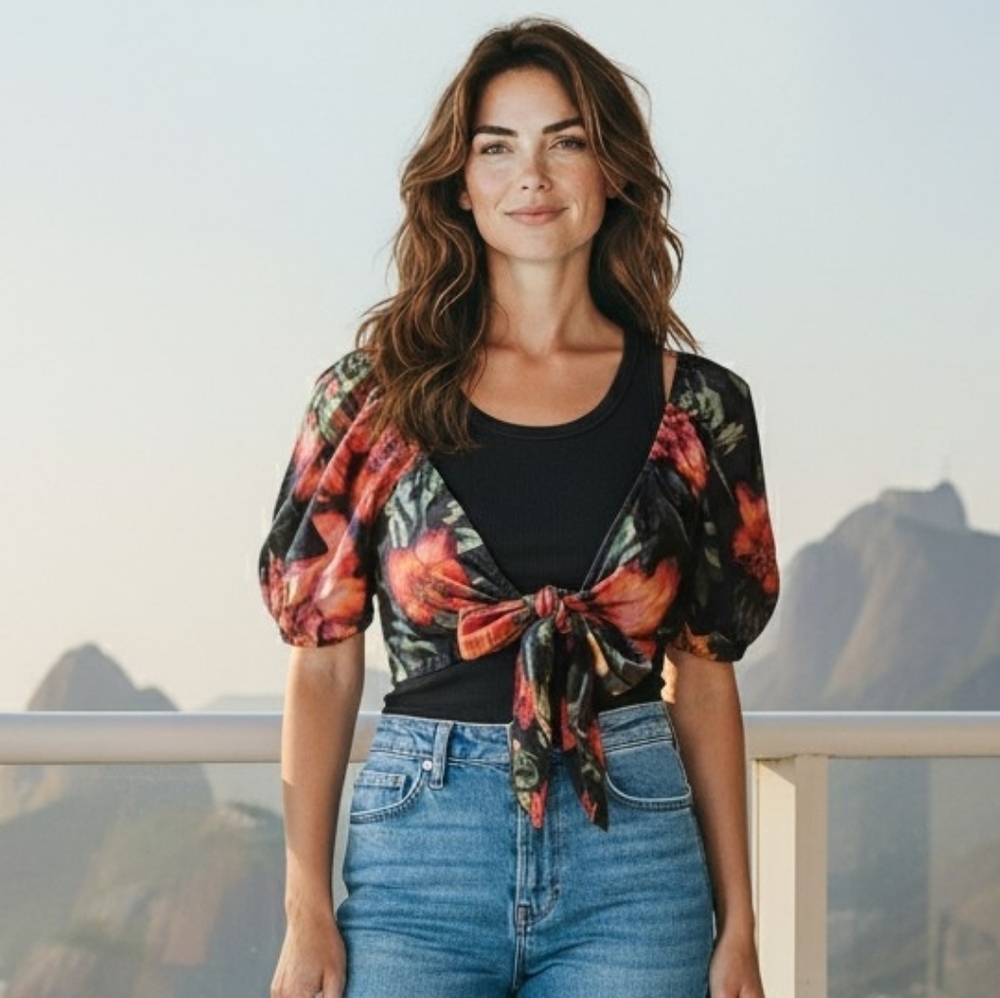 Farm Rio Tropical Black Tie Front Crop Top With Hibiscus Flowers